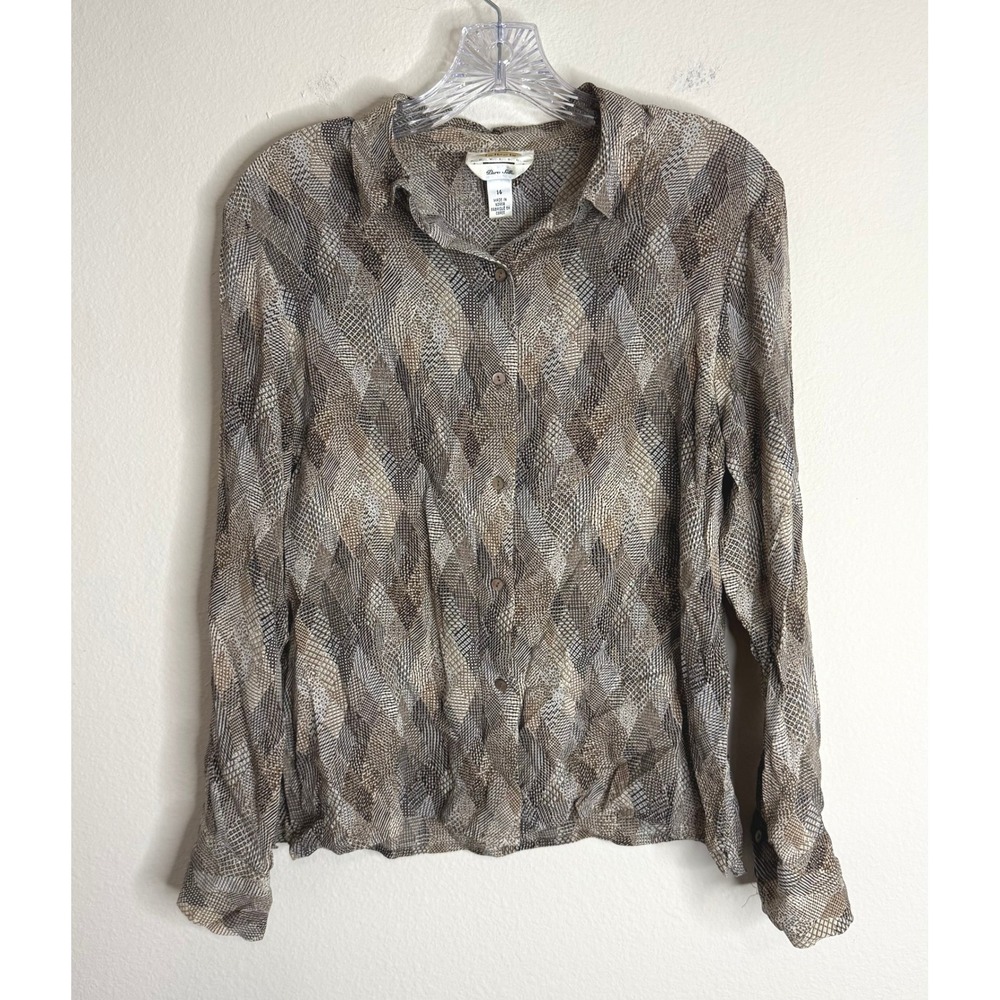 Talbots Blouse Womens 14P Brown Silk Diamond Print Button Front Long Sleeve Top